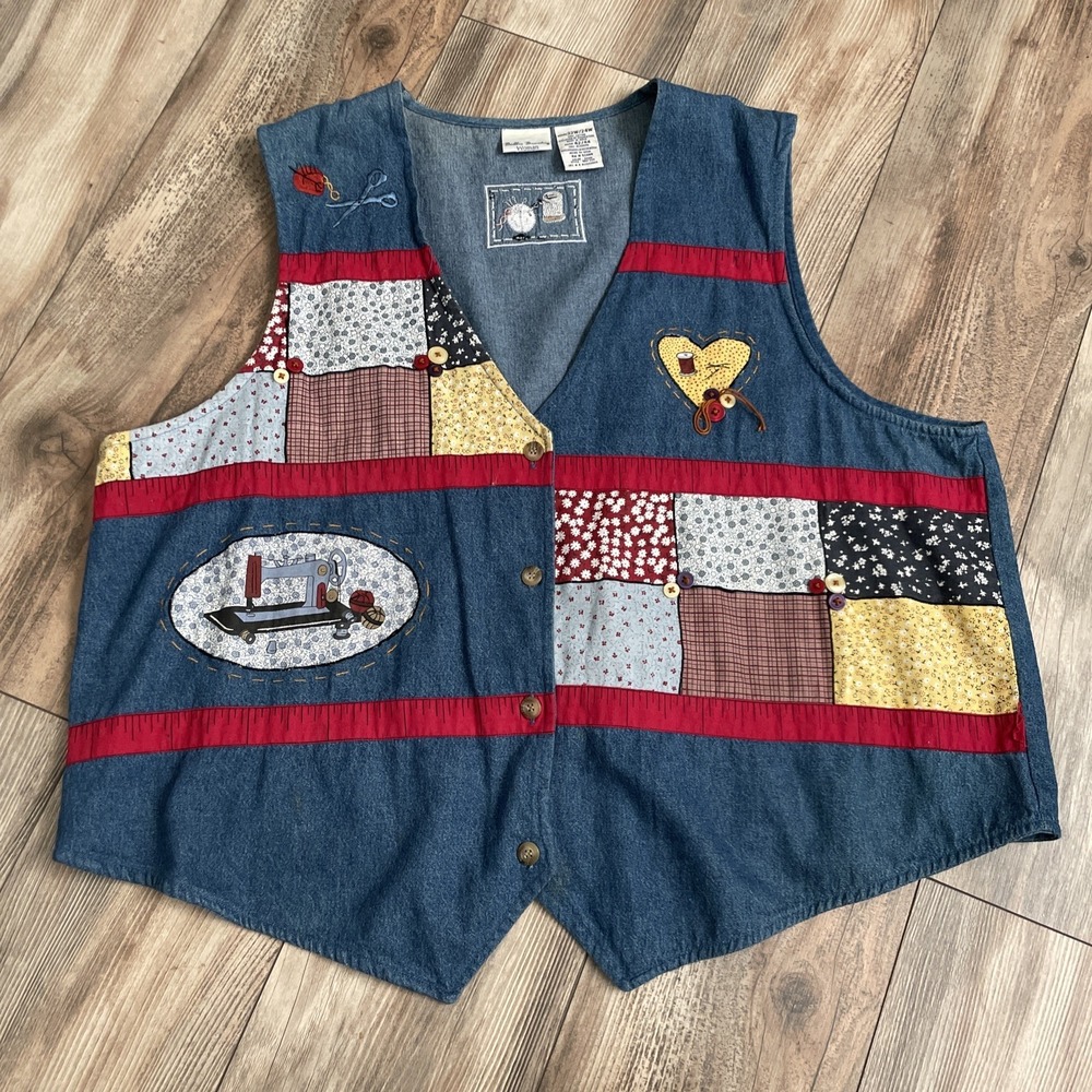 Vtg Bobbie Brooks Denim Vest Blue 22W/24W Sew Craft Patchwork 90s Cottage